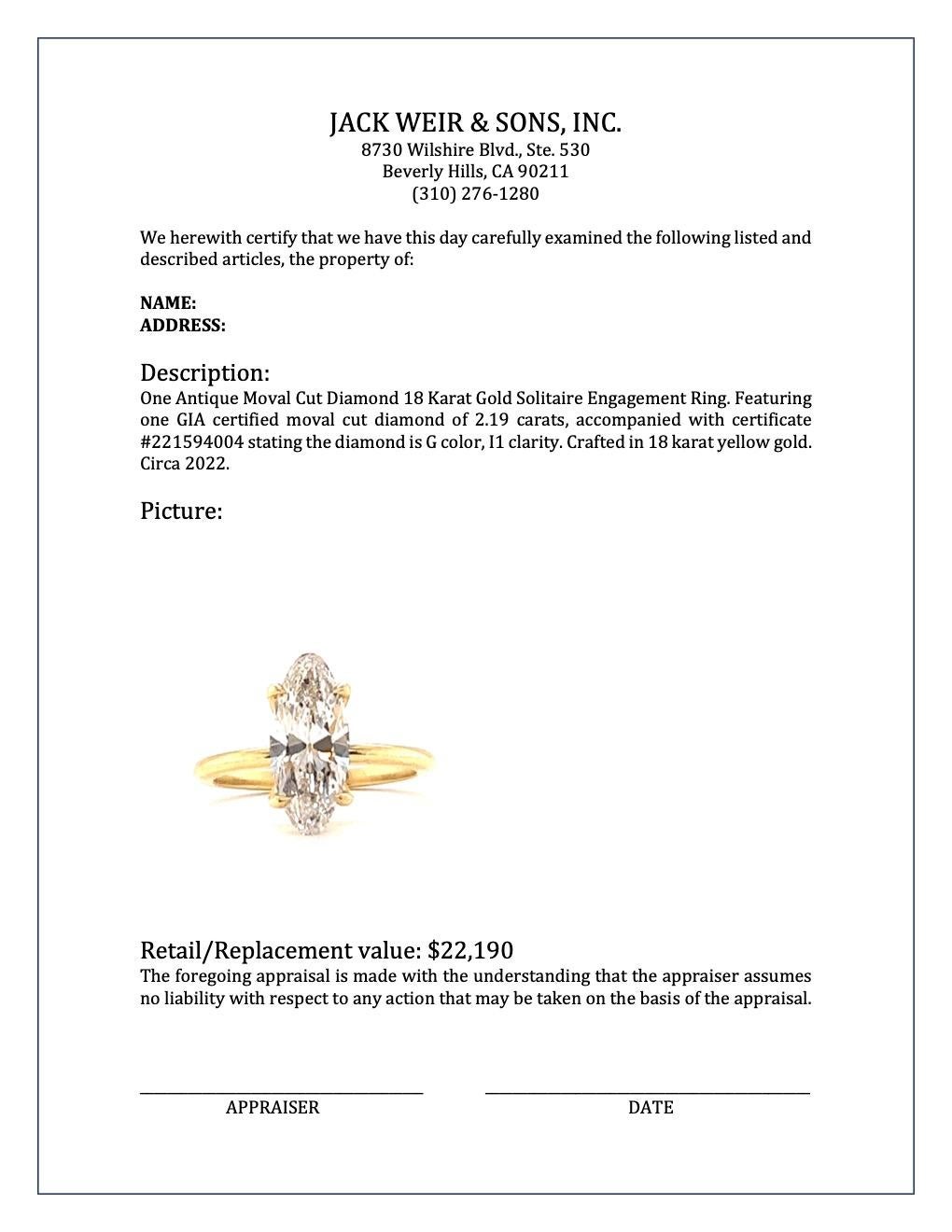 GIA Antique Moval Cut Diamond 18 Karat Gold Solitaire Engagement Ring In Excellent Condition In Beverly Hills, CA
