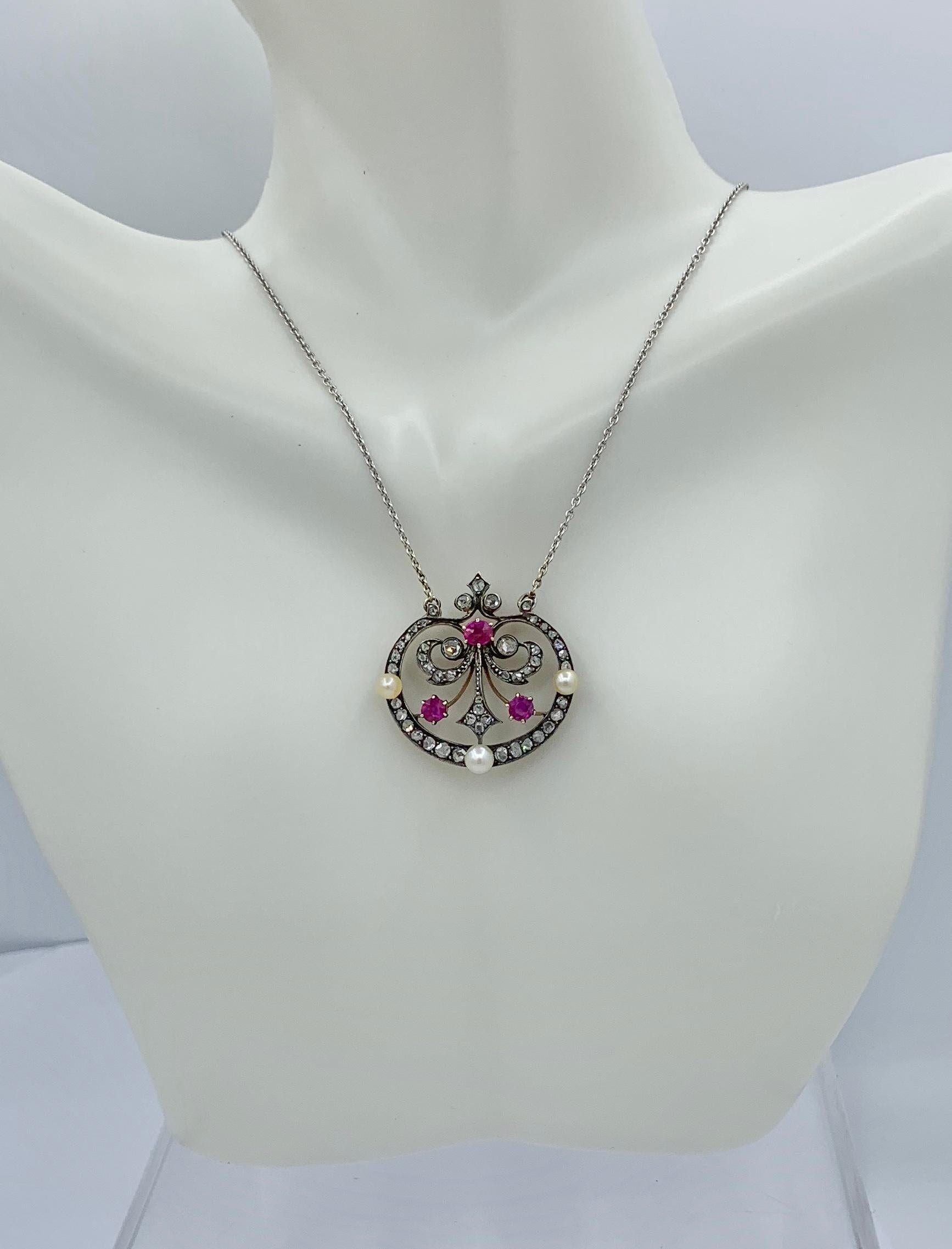 Belle Époque GIA Antique Pigeon Blood Burmese Burma Ruby Rose Cut Diamond Necklace French For Sale