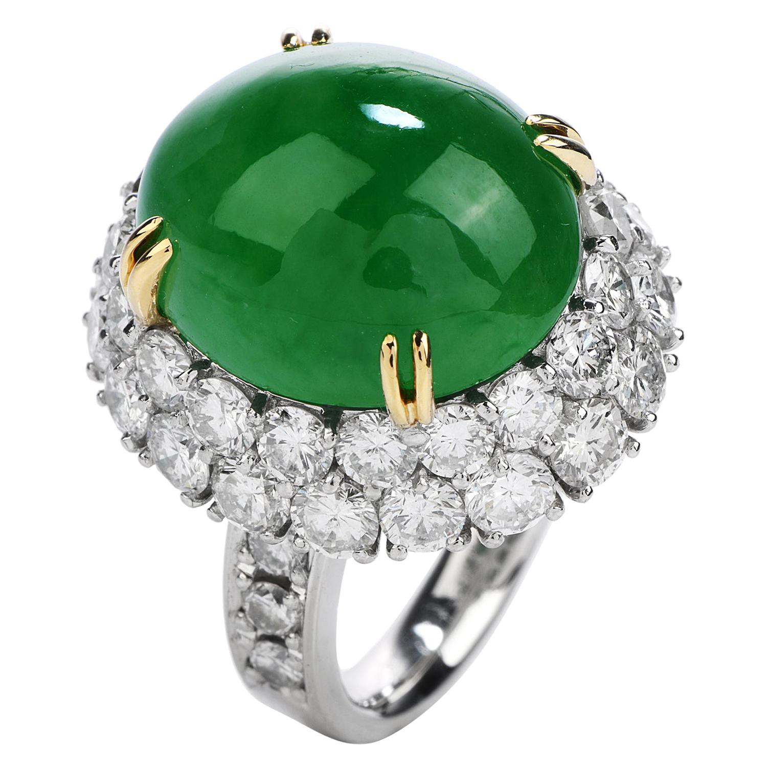 GIA Apple Green Imperial Jade Diamond Platinum and Gold Halo Oval Cocktail Ring