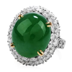 GIA Apple Green Imperial Jade Diamond Platinum and Gold Halo Oval Cocktail Ring
