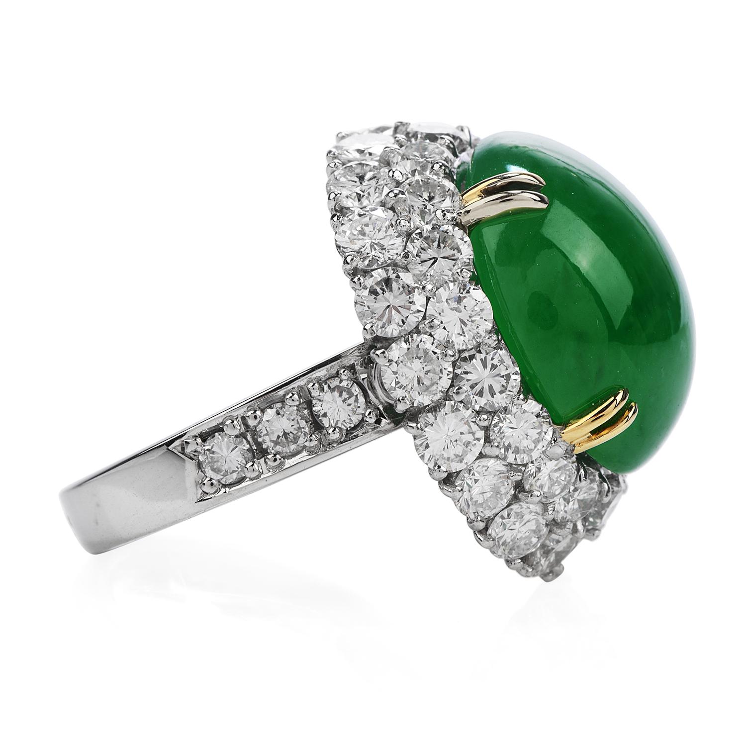 Retro GIA Apple Green Imperial Jade Diamond Platinum and Gold Halo Oval Cocktail Ring