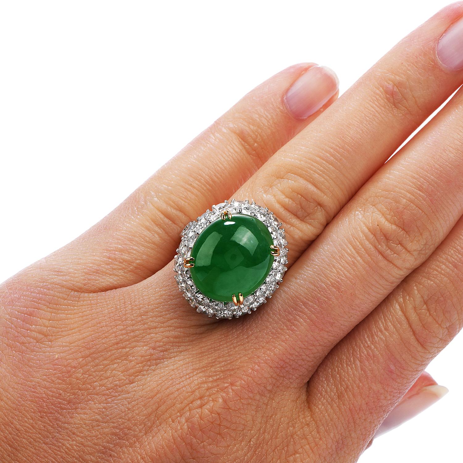 Women's or Men's GIA Apple Green Imperial Jade Diamond Platinum and Gold Halo Oval Cocktail Ring