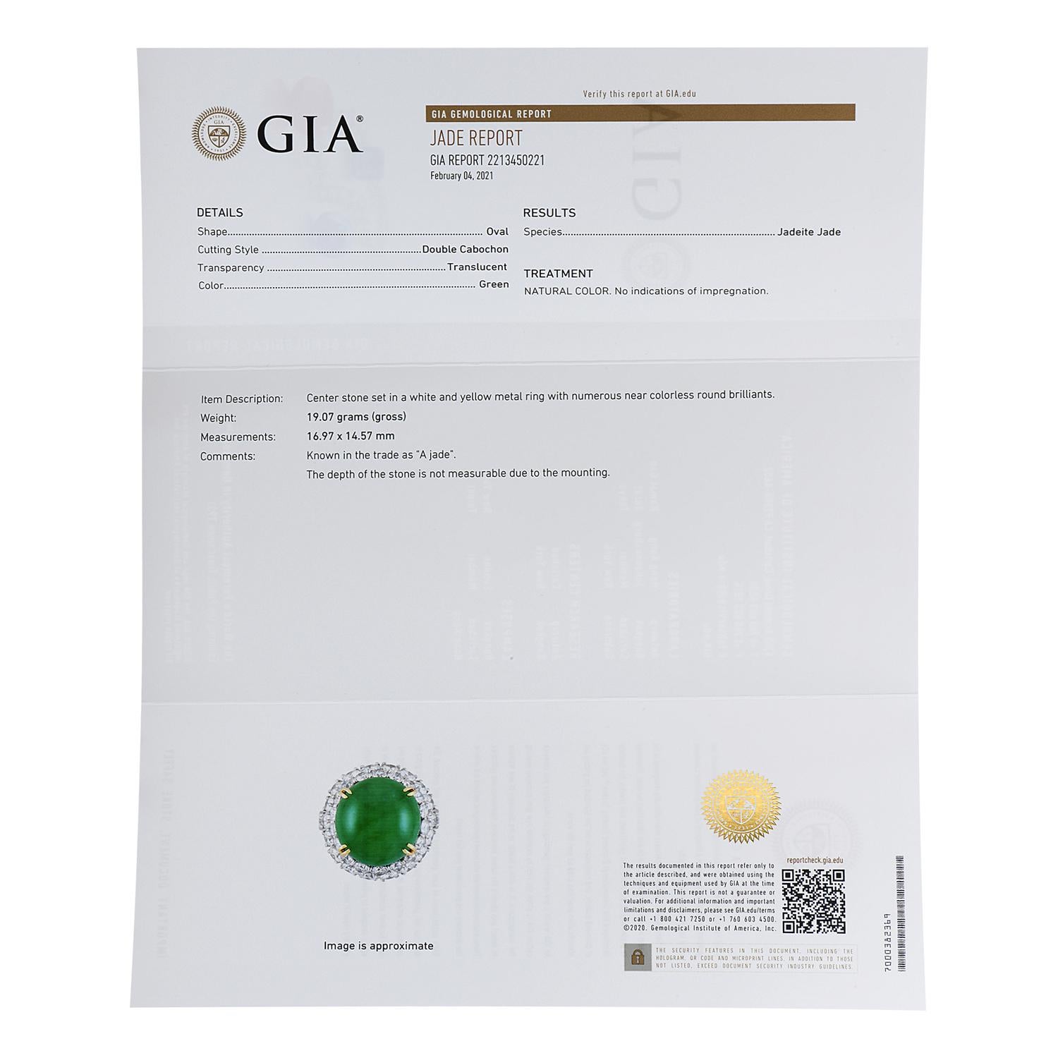 GIA Apple Green Imperial Jade Diamond Platinum and Gold Halo Oval Cocktail Ring 1