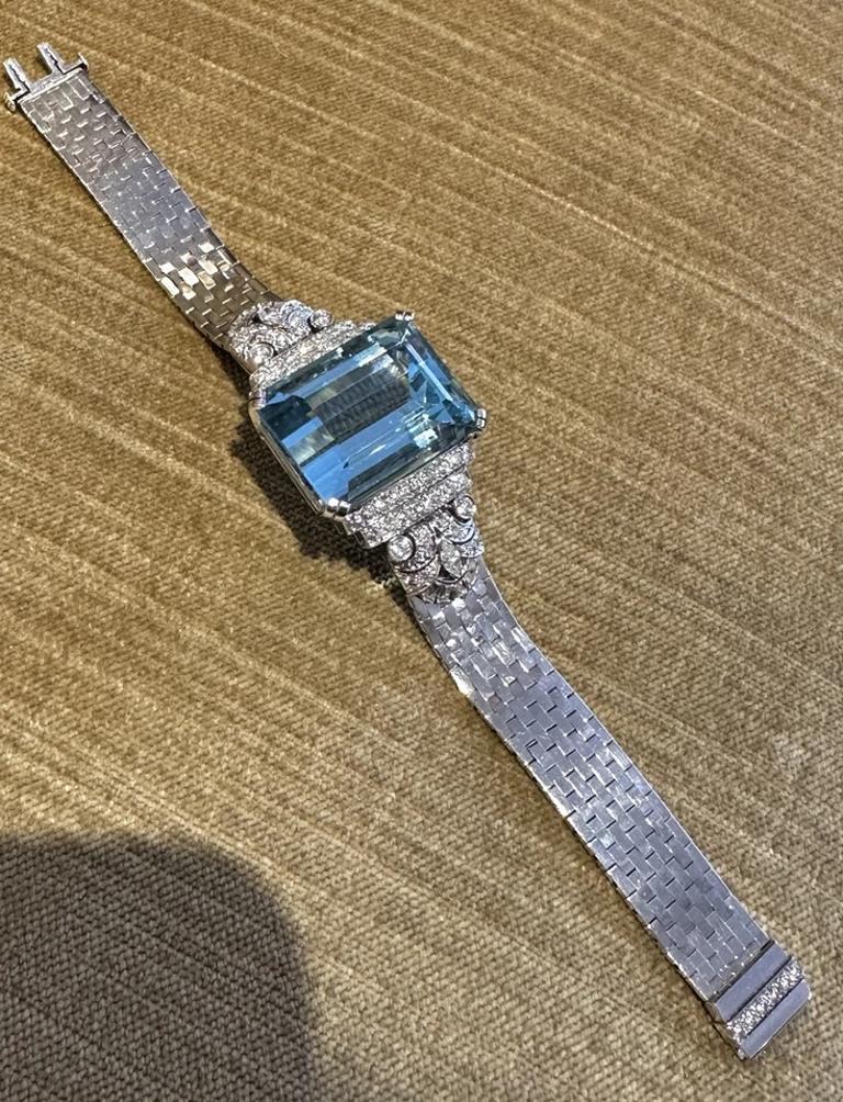 GIA Aquamarine 38.10 ct and Diamond Vintage Bracelet in Platinum and White Gold For Sale 5