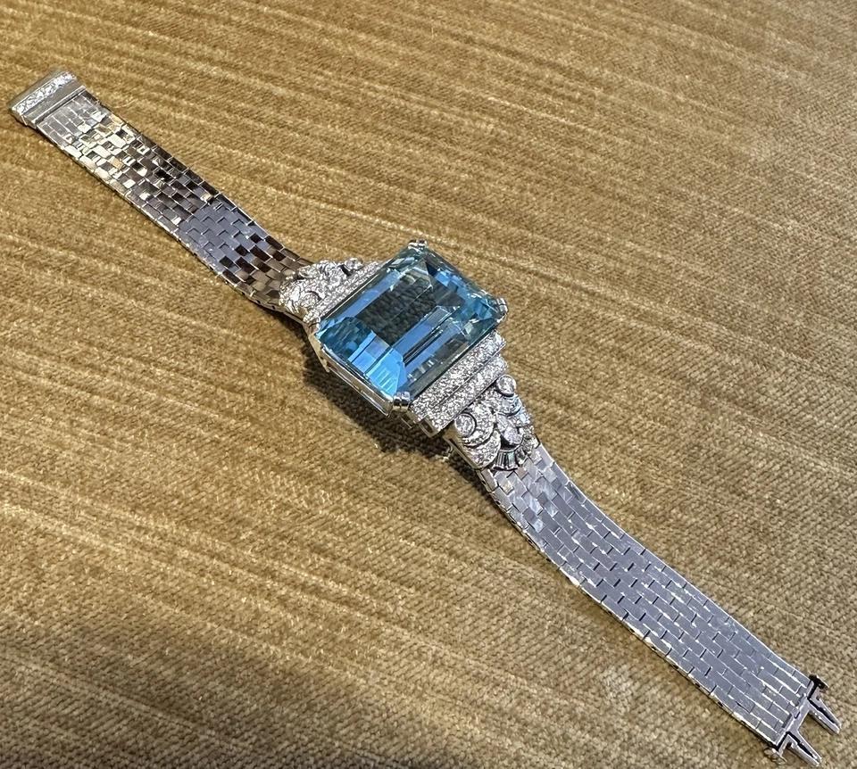Women's GIA Aquamarine 38.10 ct and Diamond Vintage Bracelet in Platinum and White Gold For Sale