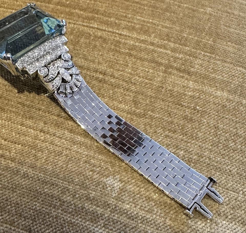 GIA Aquamarine 38.10 ct and Diamond Vintage Bracelet in Platinum and White Gold For Sale 1