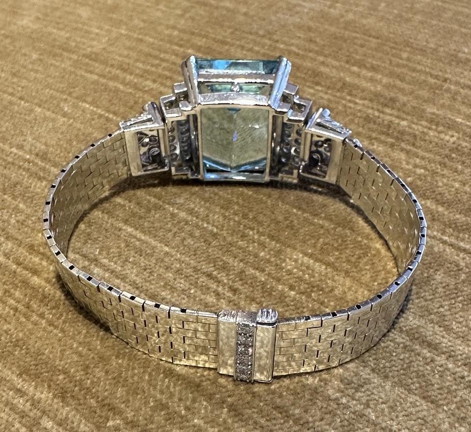 GIA Aquamarine 38.10 ct and Diamond Vintage Bracelet in Platinum and White Gold For Sale 2