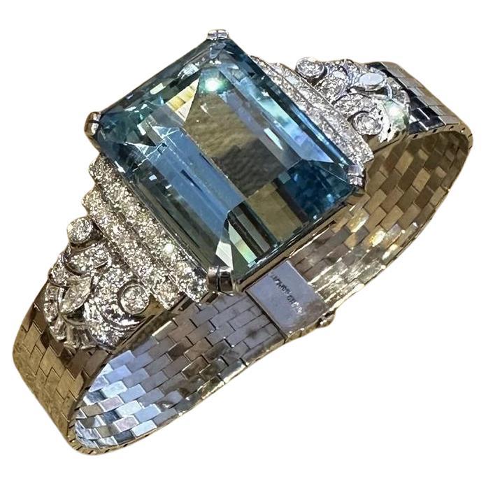 GIA Aquamarine 38.10 ct and Diamond Vintage Bracelet in Platinum and White Gold For Sale