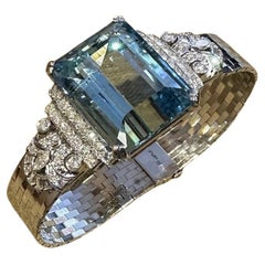 Bracelet vintage en platine et or blanc avec aigue-marine 38,10 carats et diamants certifiés GIA