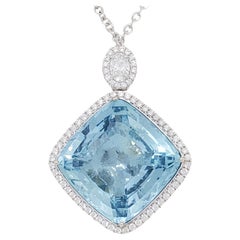 GIA Aquamarine Cushion and Diamond Pendant Necklace in 18k White Gold