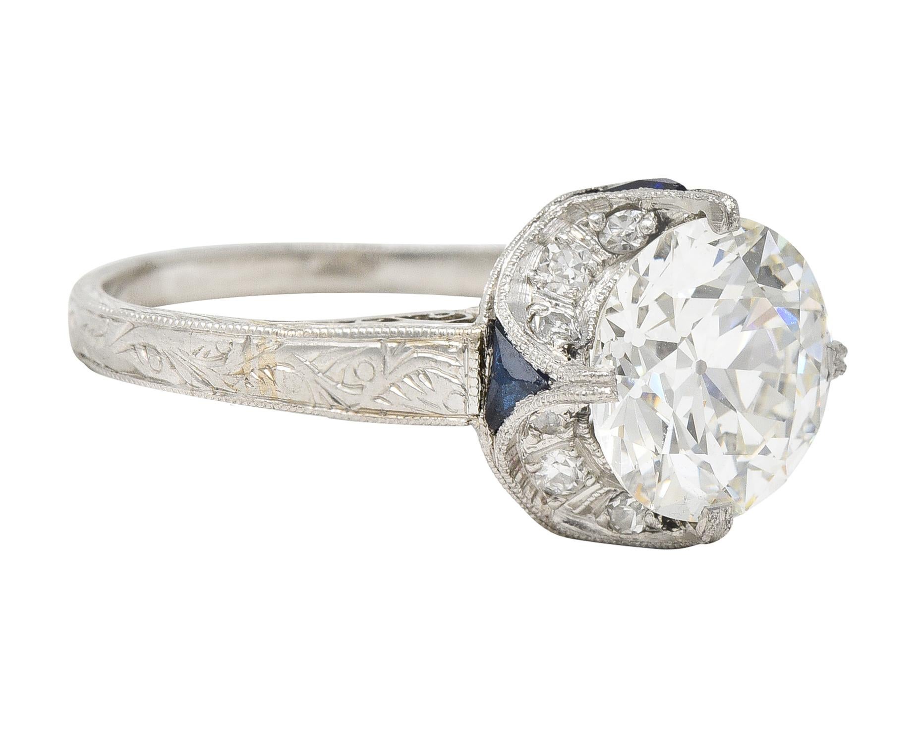 Old European Cut GIA Art Deco 2.95 Carats Diamond Platinum Scrolling Crescent Engagement Ring