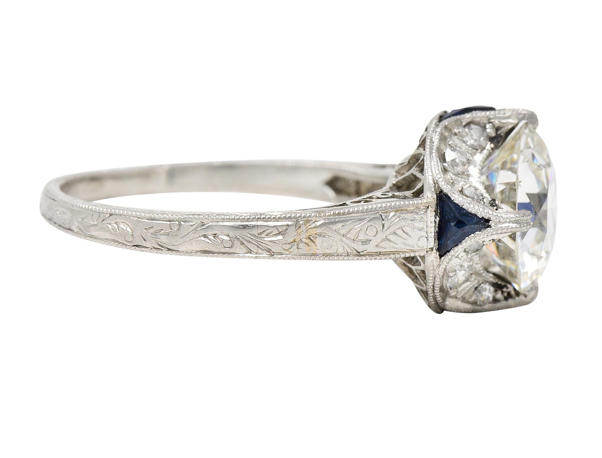 GIA Art Deco 2.95 Carats Diamond Platinum Scrolling Crescent Engagement Ring In Excellent Condition In Philadelphia, PA