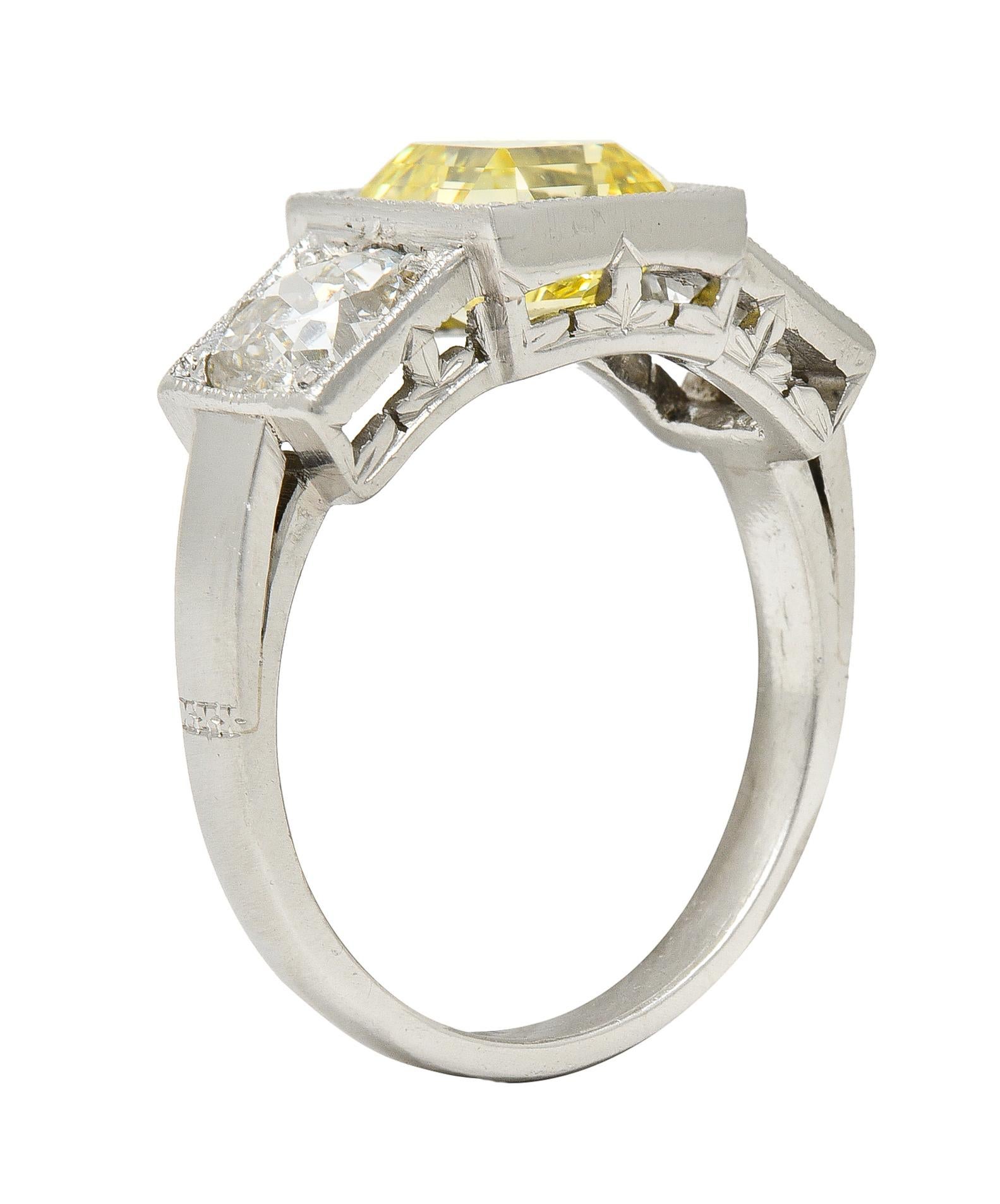 GIA Art Deco 3.20 Carats Asscher Cut Fancy Intense Yellow Diamond Platinum Ring For Sale 6