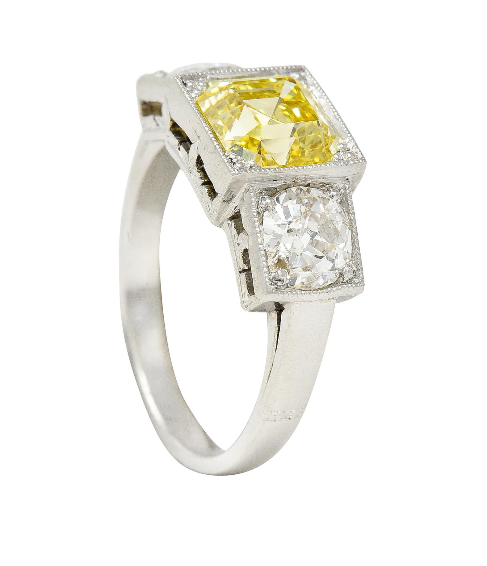 GIA Art Deco 3.20 Carats Asscher Cut Fancy Intense Yellow Diamond Platinum Ring For Sale 7