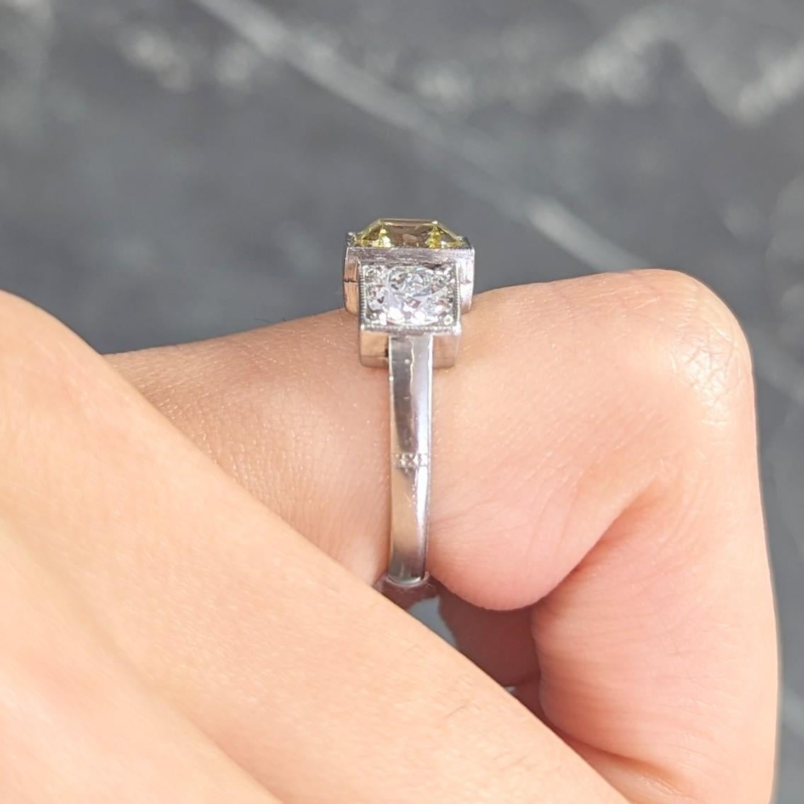 GIA Art Deco 3.20 Carats Asscher Cut Fancy Intense Yellow Diamond Platinum Ring For Sale 10