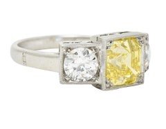 GIA Art Deco 3.20 Carats Asscher Cut Fancy Intense Yellow Diamond Platinum Ring