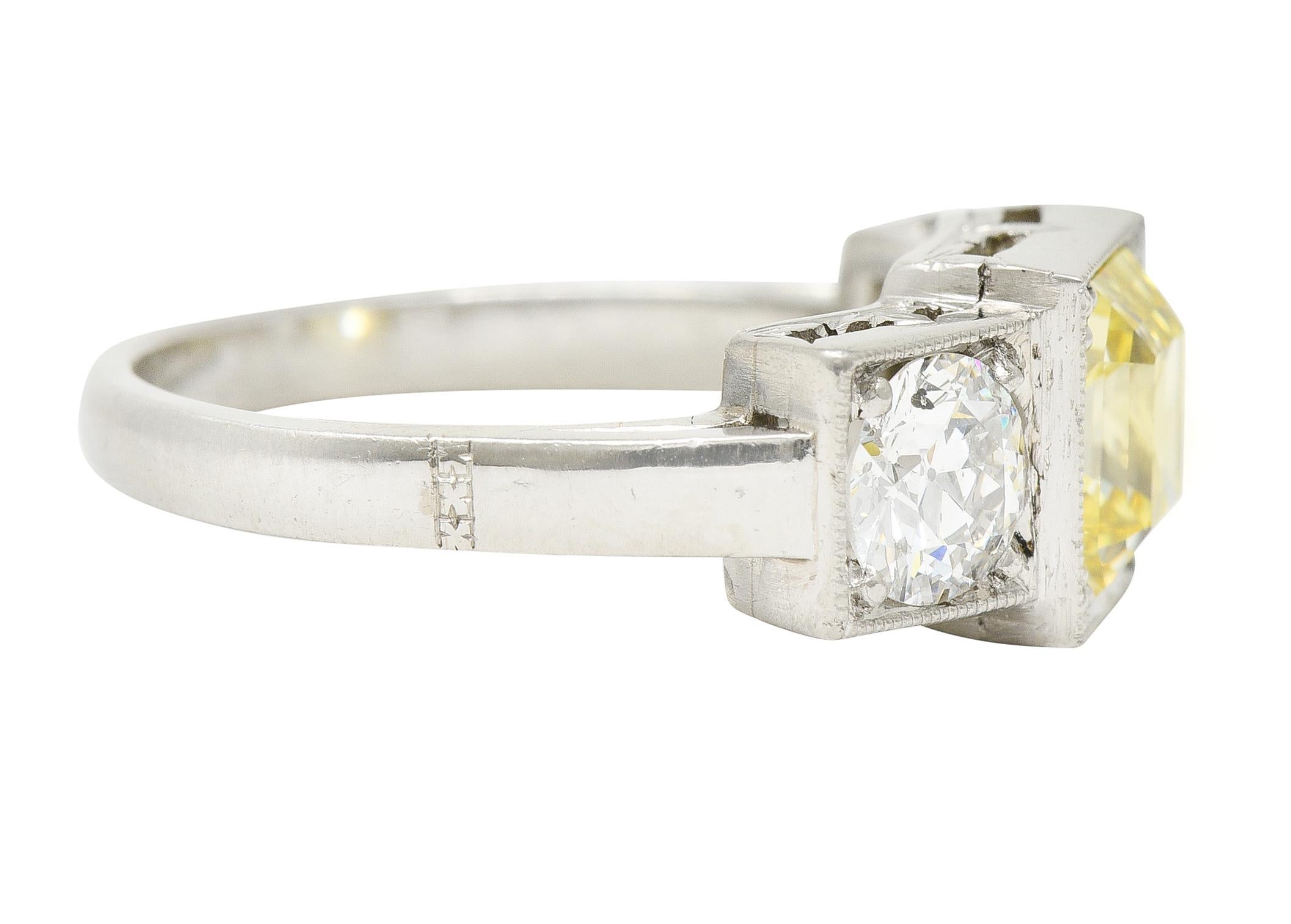 GIA Art Deco 3.20 Carats Asscher Cut Fancy Intense Yellow Diamond Platinum Ring In Excellent Condition For Sale In Philadelphia, PA