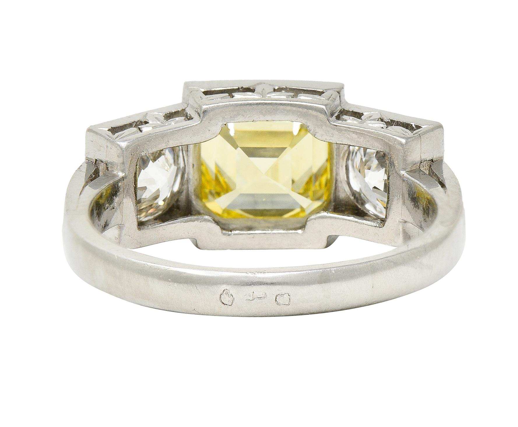 Women's or Men's GIA Art Deco 3.20 Carats Asscher Cut Fancy Intense Yellow Diamond Platinum Ring For Sale