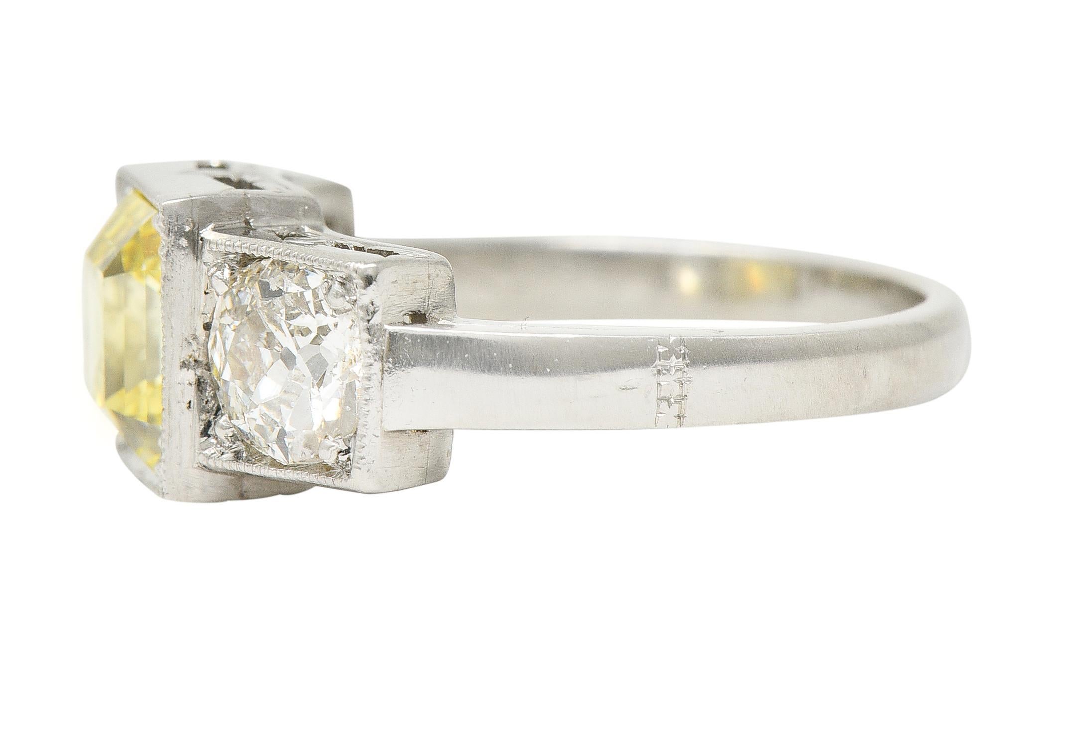 GIA Art Deco 3.20 Carats Asscher Cut Fancy Intense Yellow Diamond Platinum Ring For Sale 1
