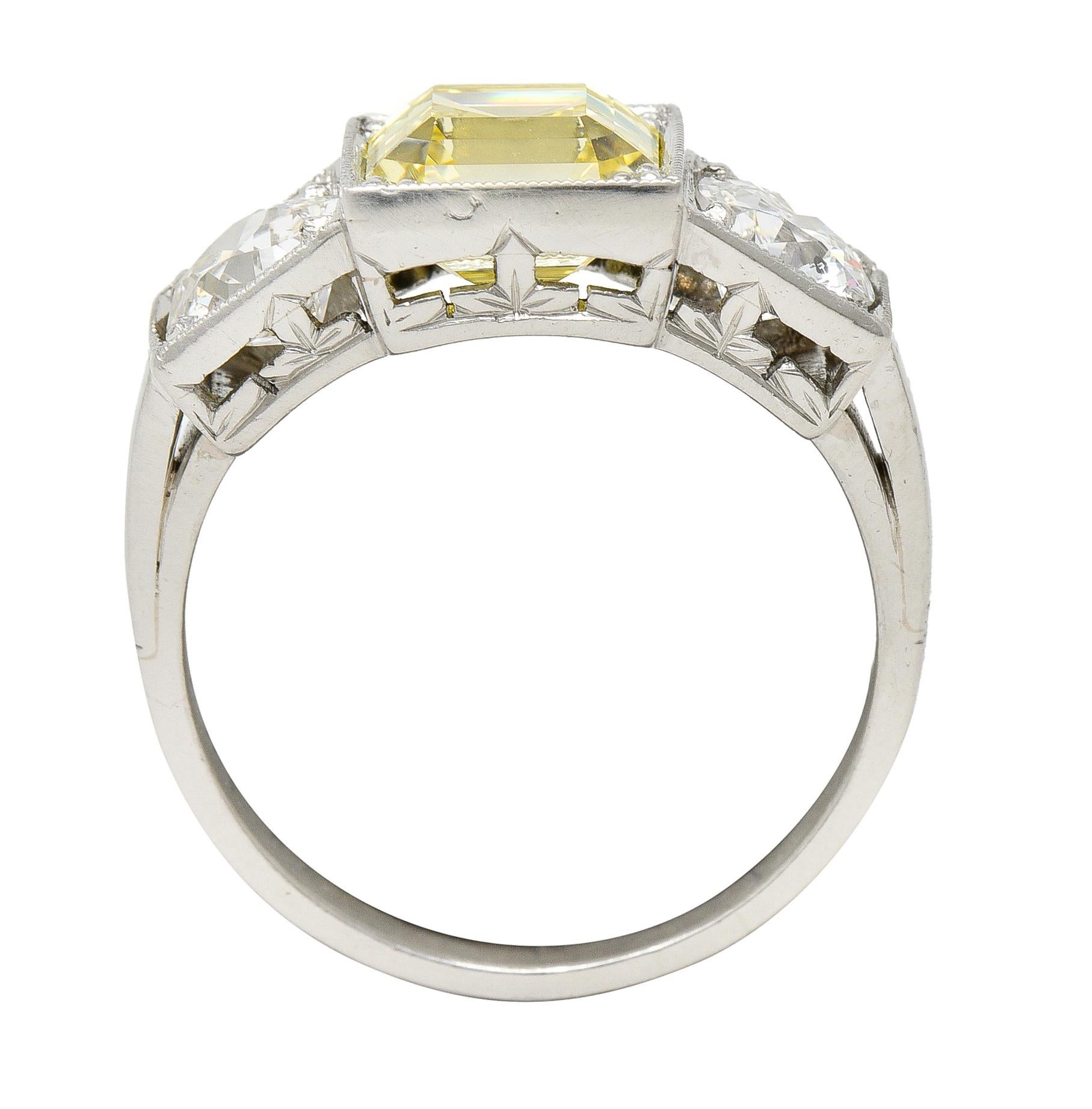 GIA Art Deco 3.20 Carats Asscher Cut Fancy Intense Yellow Diamond Platinum Ring For Sale 5