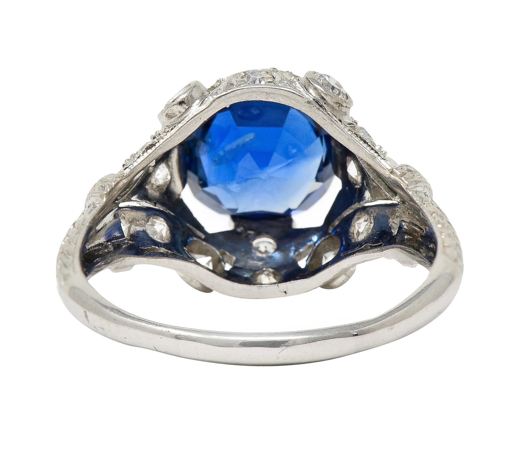 GIA Art Deco 3.21 Carats No Heat Sapphire Diamond Platinum Ring In Excellent Condition In Philadelphia, PA