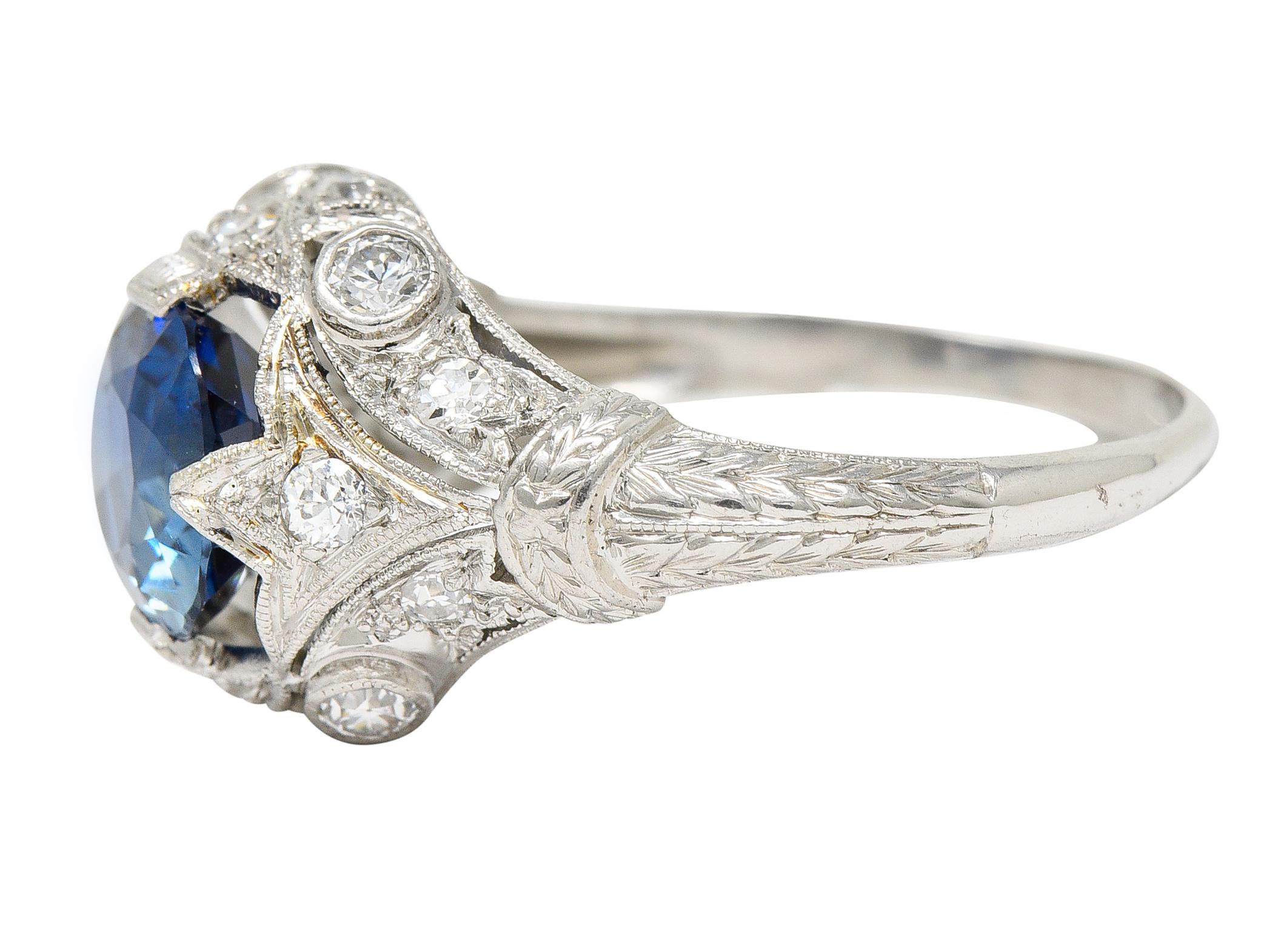 Women's or Men's GIA Art Deco 3.21 Carats No Heat Sapphire Diamond Platinum Ring