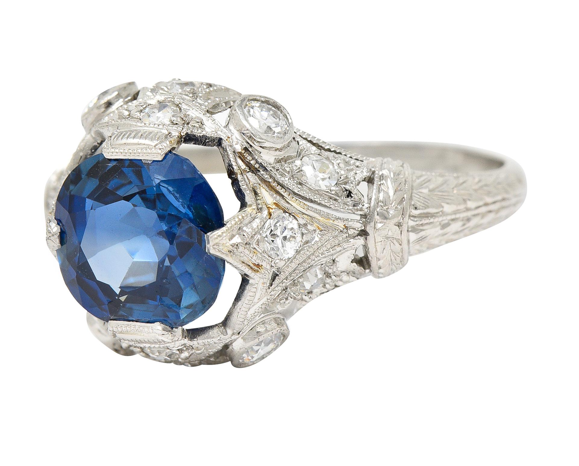 GIA Art Deco 3.21 Carats No Heat Sapphire Diamond Platinum Ring 1
