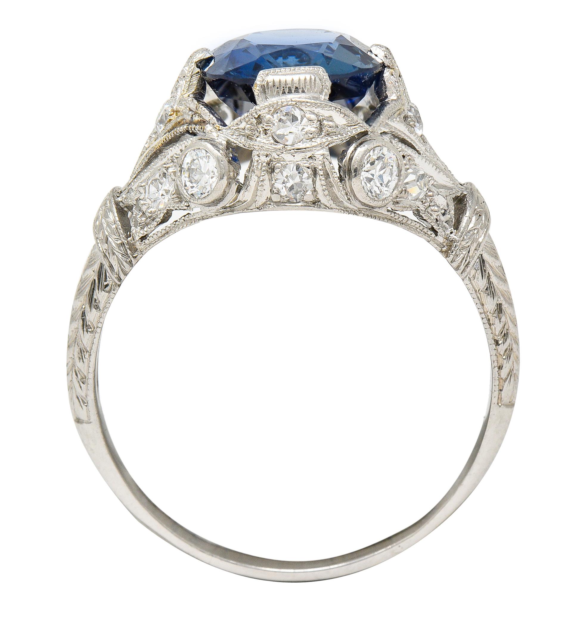 GIA Art Deco 3.21 Carats No Heat Sapphire Diamond Platinum Ring 2