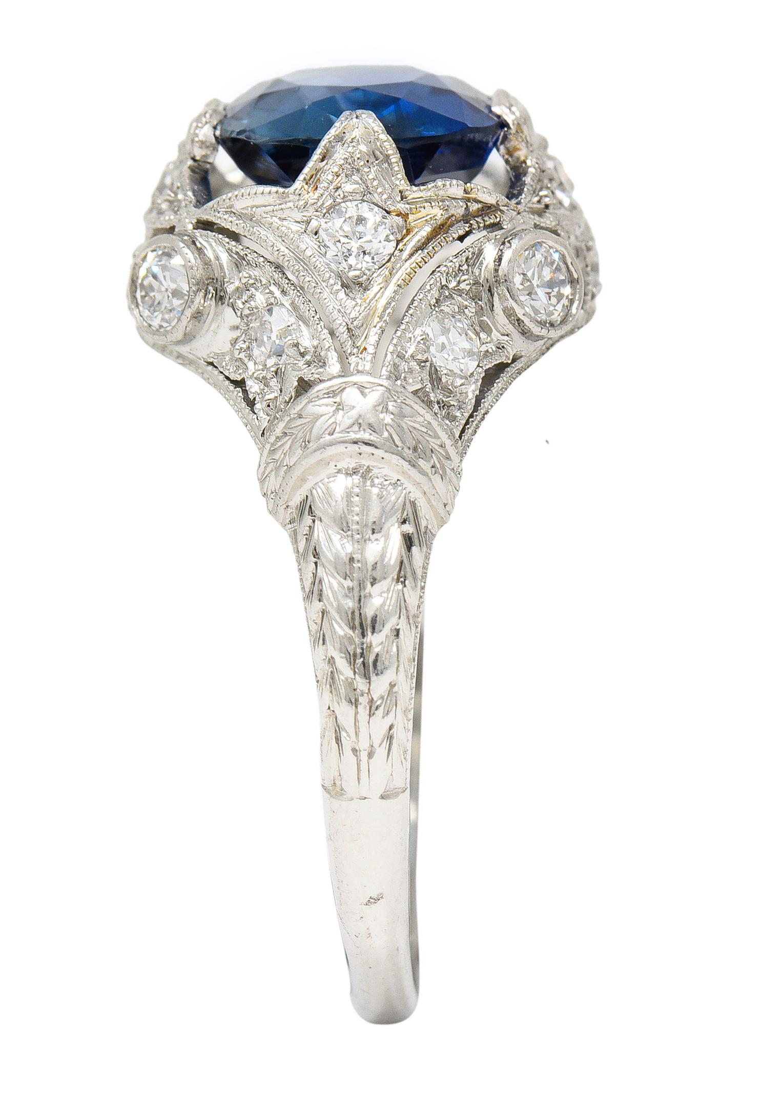 GIA Art Deco 3.21 Carats No Heat Sapphire Diamond Platinum Ring 3