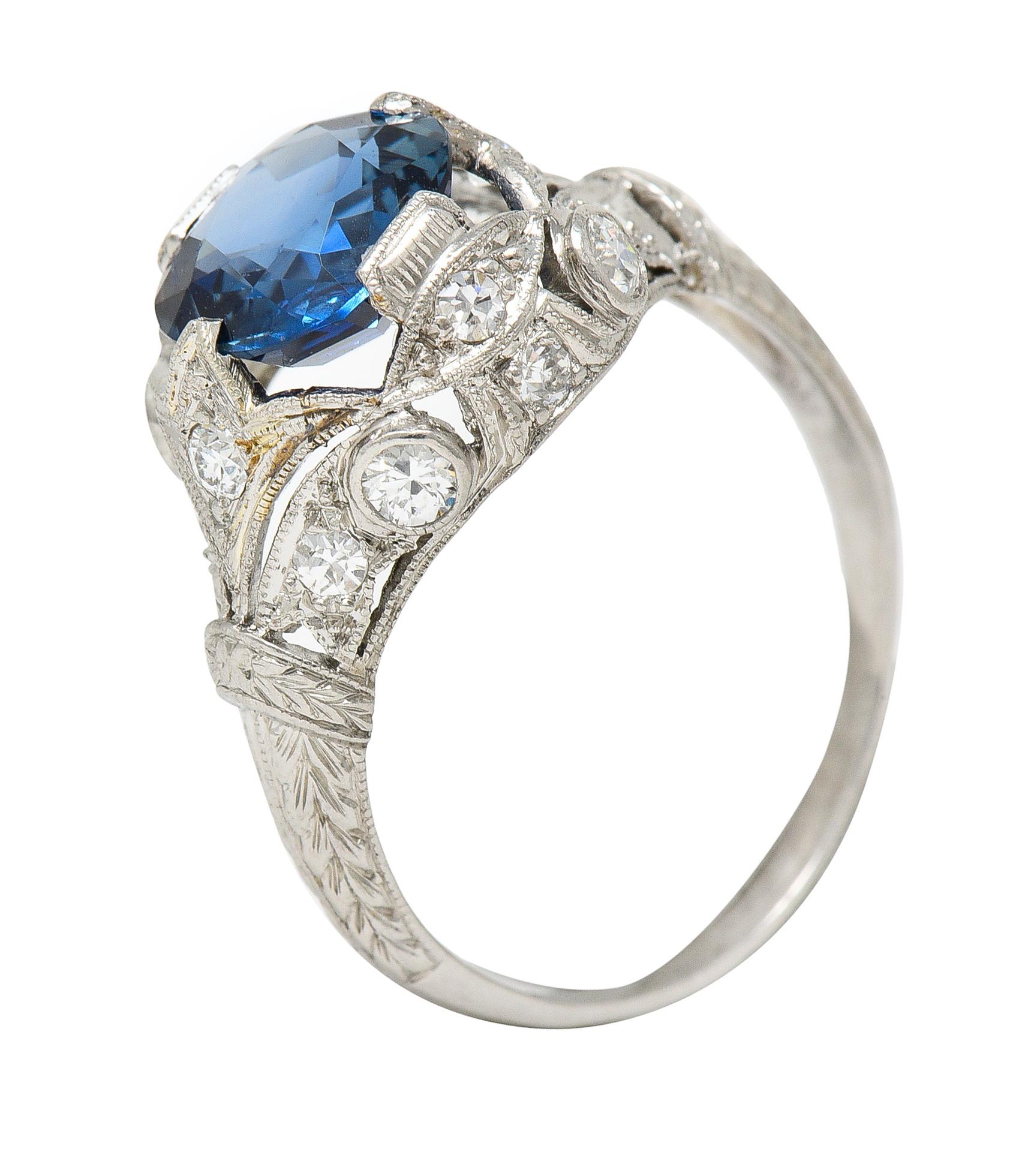 GIA Art Deco 3.21 Carats No Heat Sapphire Diamond Platinum Ring 4
