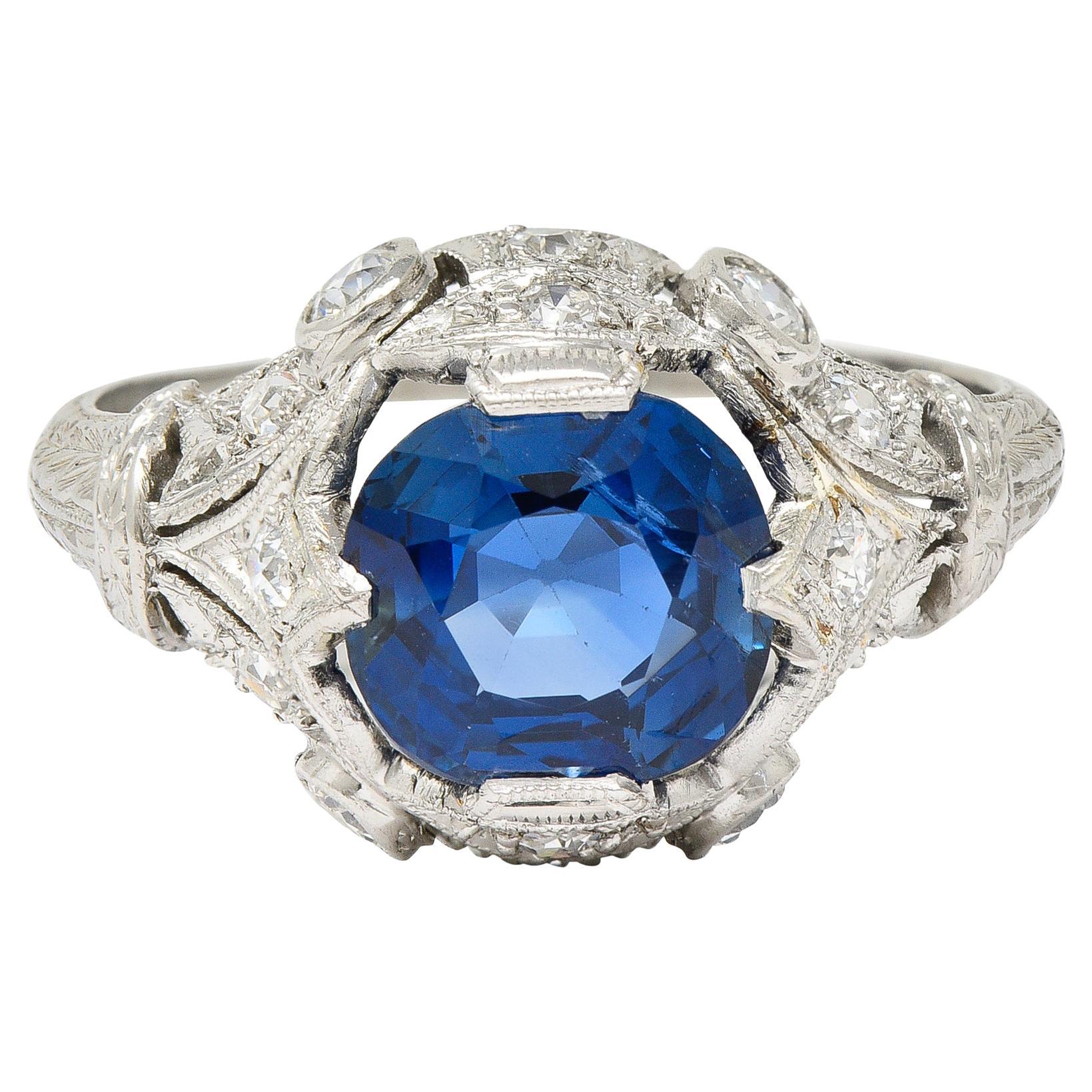 GIA Art Deco 3.21 Carats No Heat Sapphire Diamond Platinum Ring