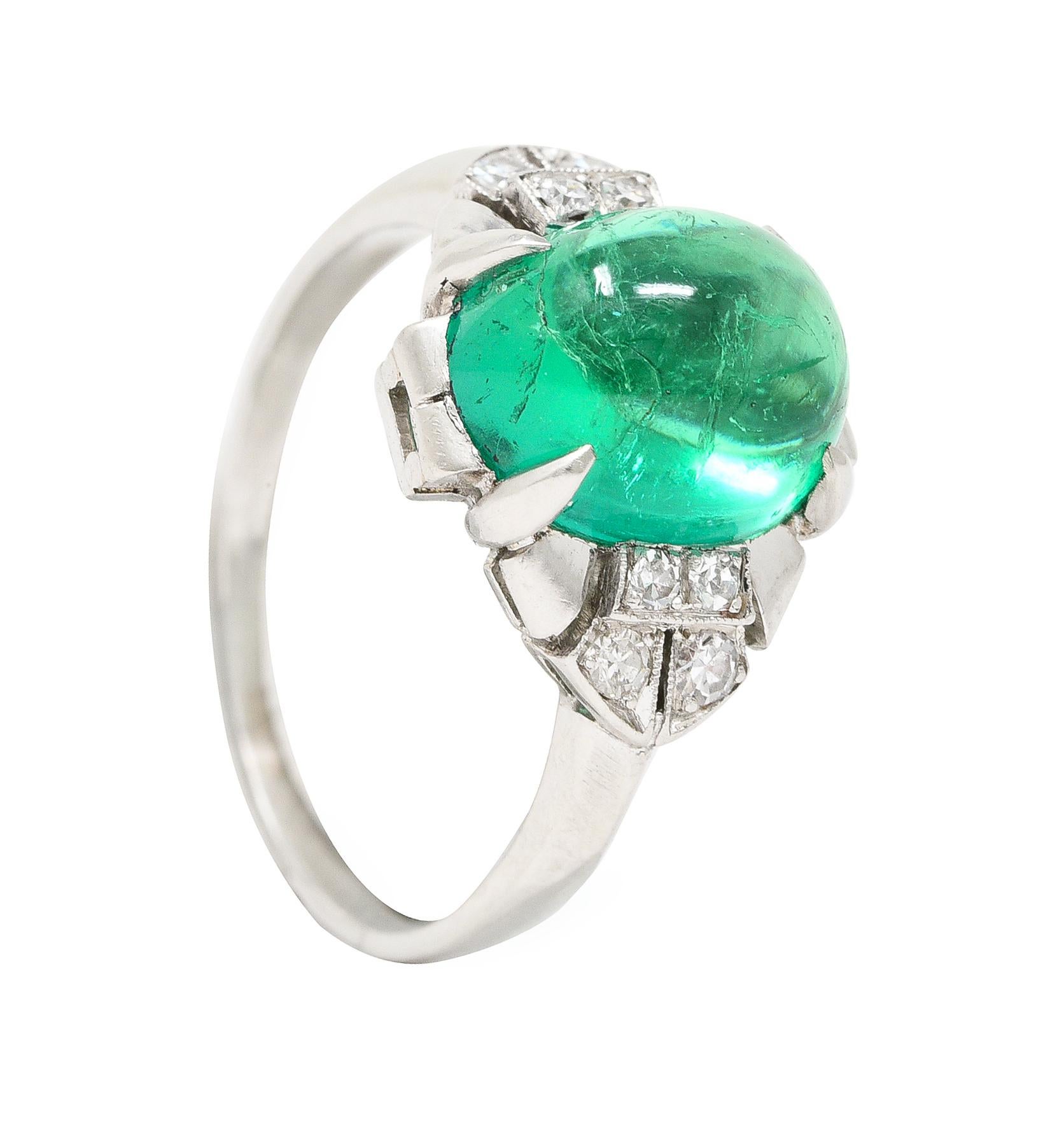 GIA Art Deco 3.32 Carats Colombian Emerald Cabochon Diamond Platinum Ring For Sale 6