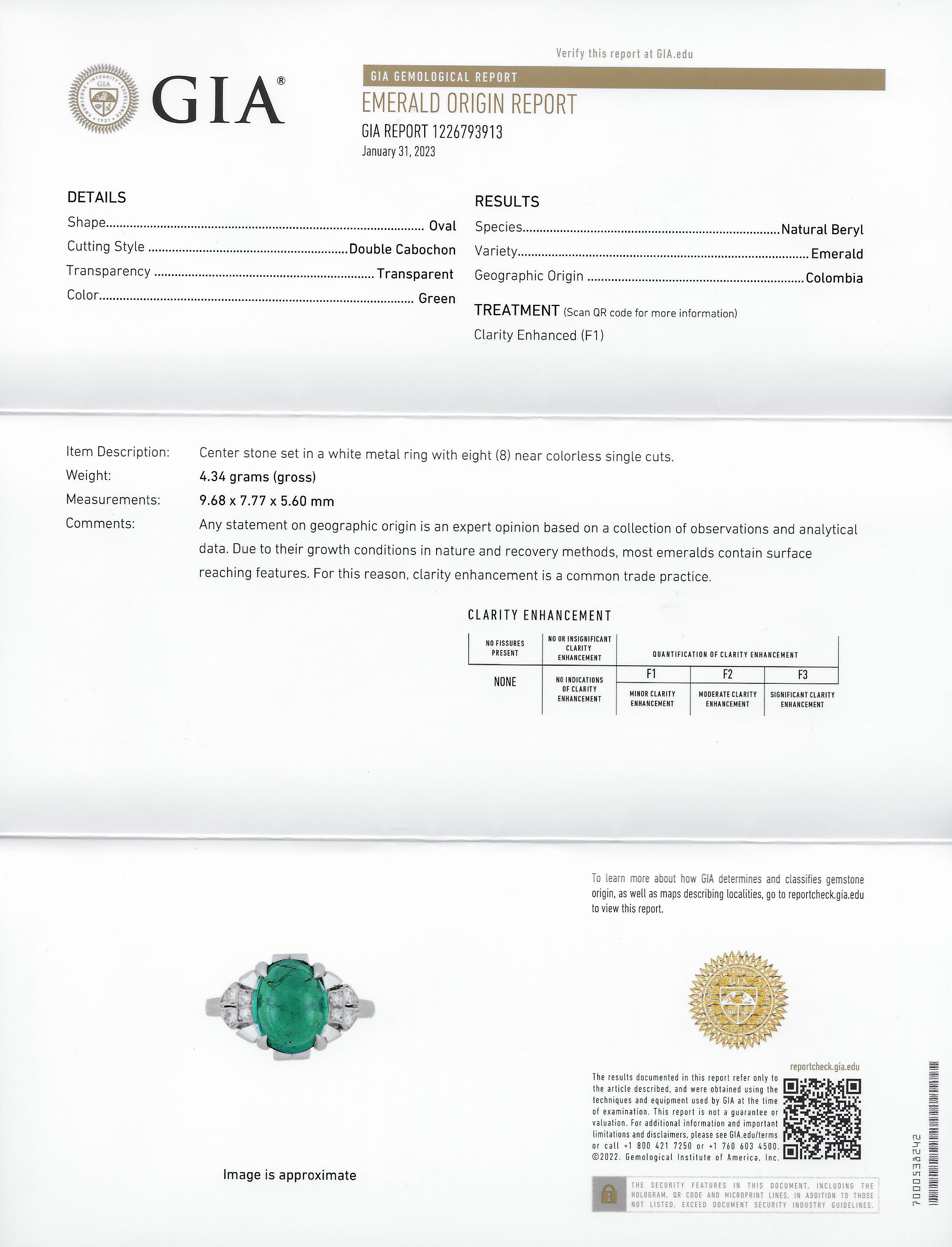 GIA Art Deco 3.32 Carats Colombian Emerald Cabochon Diamond Platinum Ring For Sale 7