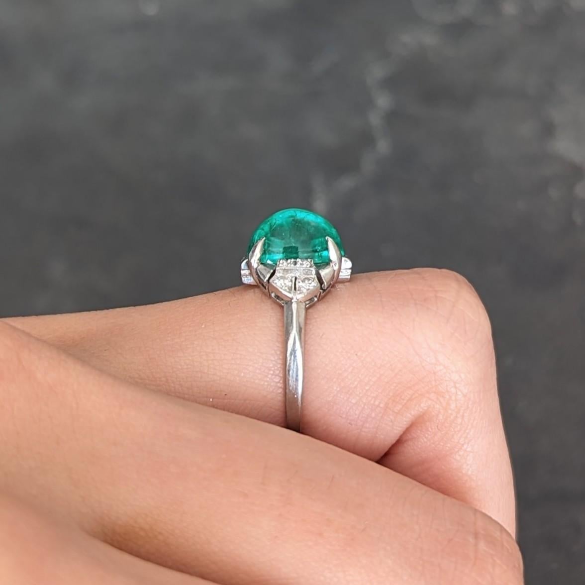 GIA Art Deco 3.32 Carats Colombian Emerald Cabochon Diamond Platinum Ring For Sale 9