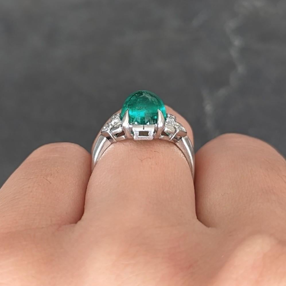 GIA Art Deco 3.32 Carats Colombian Emerald Cabochon Diamond Platinum Ring For Sale 10