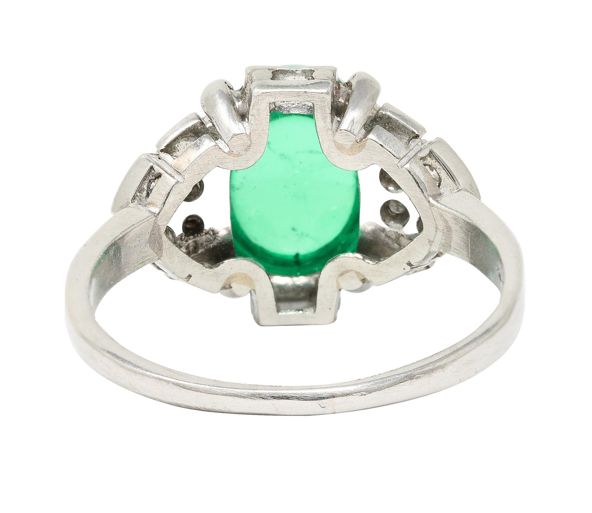 Women's or Men's GIA Art Deco 3.32 Carats Colombian Emerald Cabochon Diamond Platinum Ring For Sale