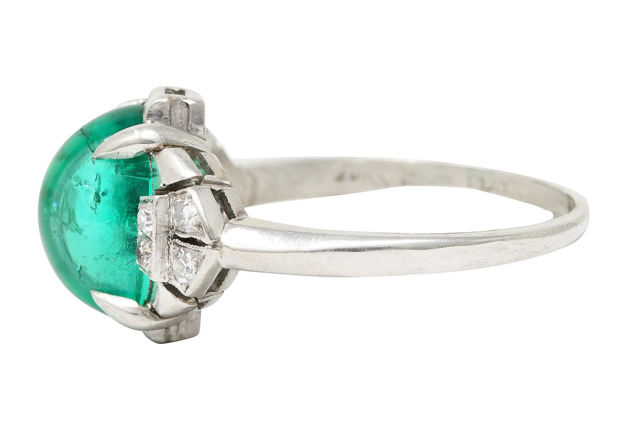 GIA Art Deco 3.32 Carats Colombian Emerald Cabochon Diamond Platinum Ring For Sale 1