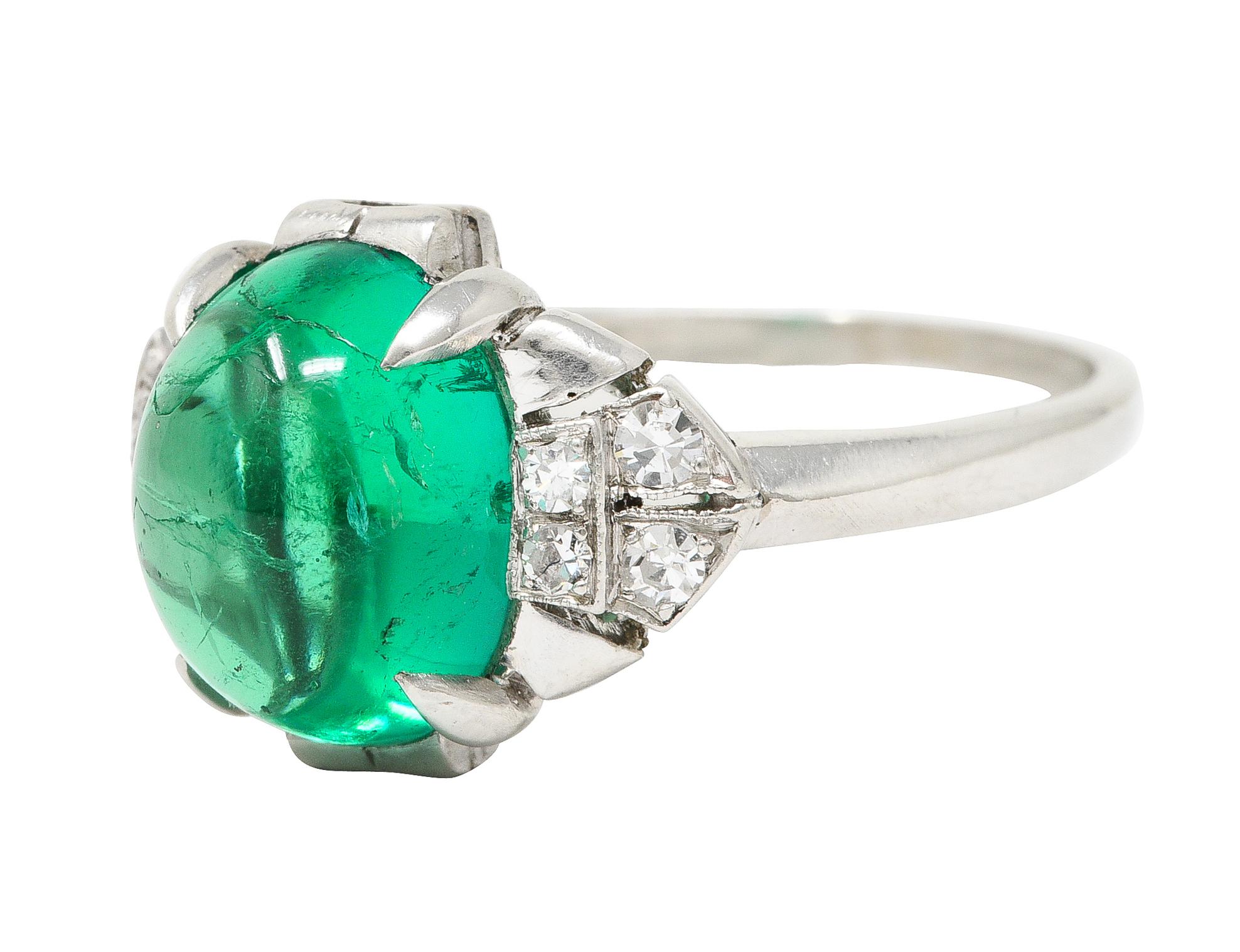 GIA Art Deco 3.32 Carats Colombian Emerald Cabochon Diamond Platinum Ring For Sale 2