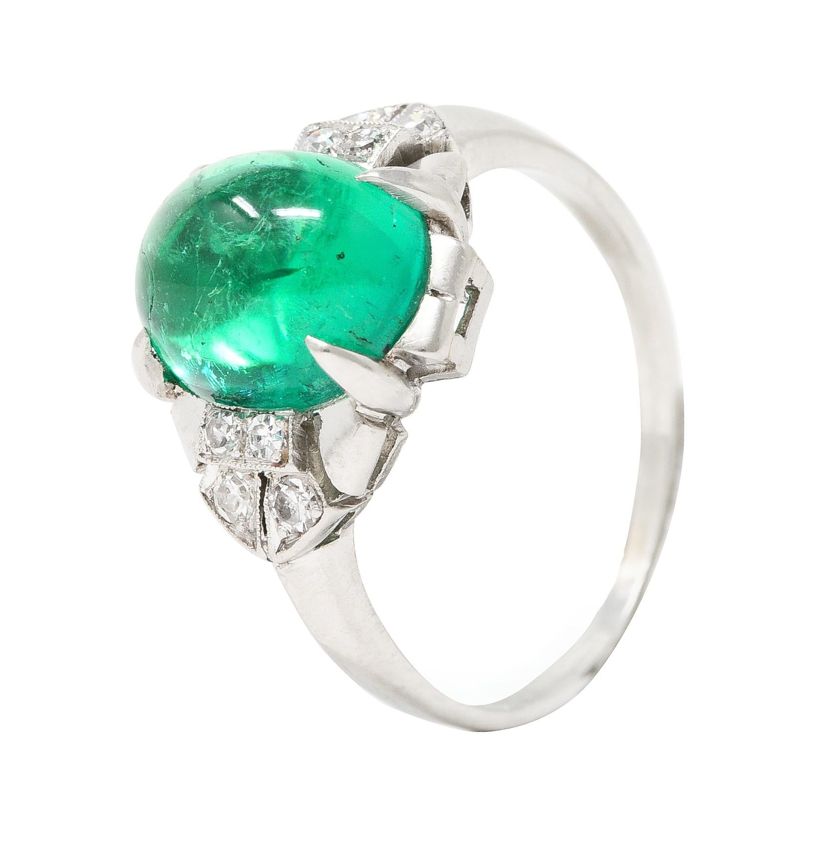 GIA Art Deco 3.32 Carats Colombian Emerald Cabochon Diamond Platinum Ring For Sale 3