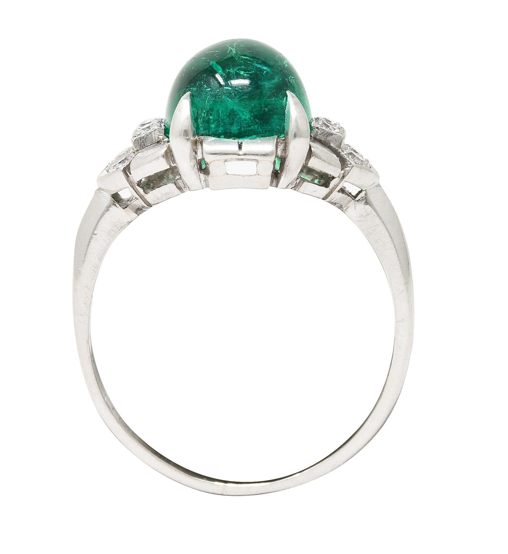 GIA Art Deco 3.32 Carats Colombian Emerald Cabochon Diamond Platinum Ring For Sale 4