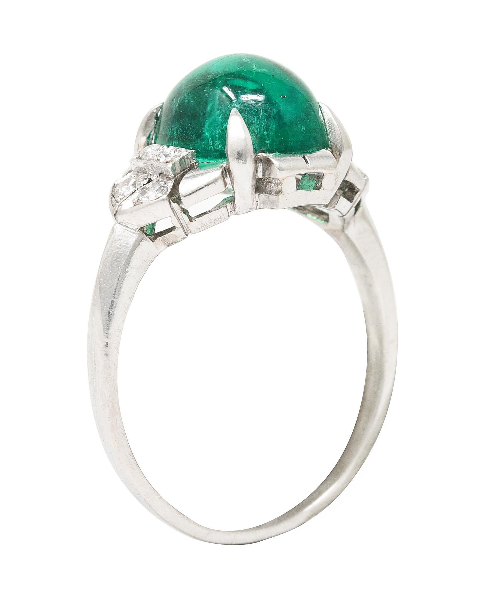 GIA Art Deco 3.32 Carats Colombian Emerald Cabochon Diamond Platinum Ring For Sale 5