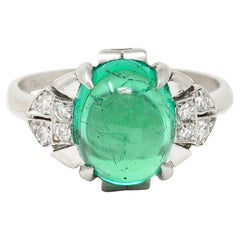 GIA Art Deco 3.32 Carats Colombian Emerald Cabochon Diamond Platinum Ring