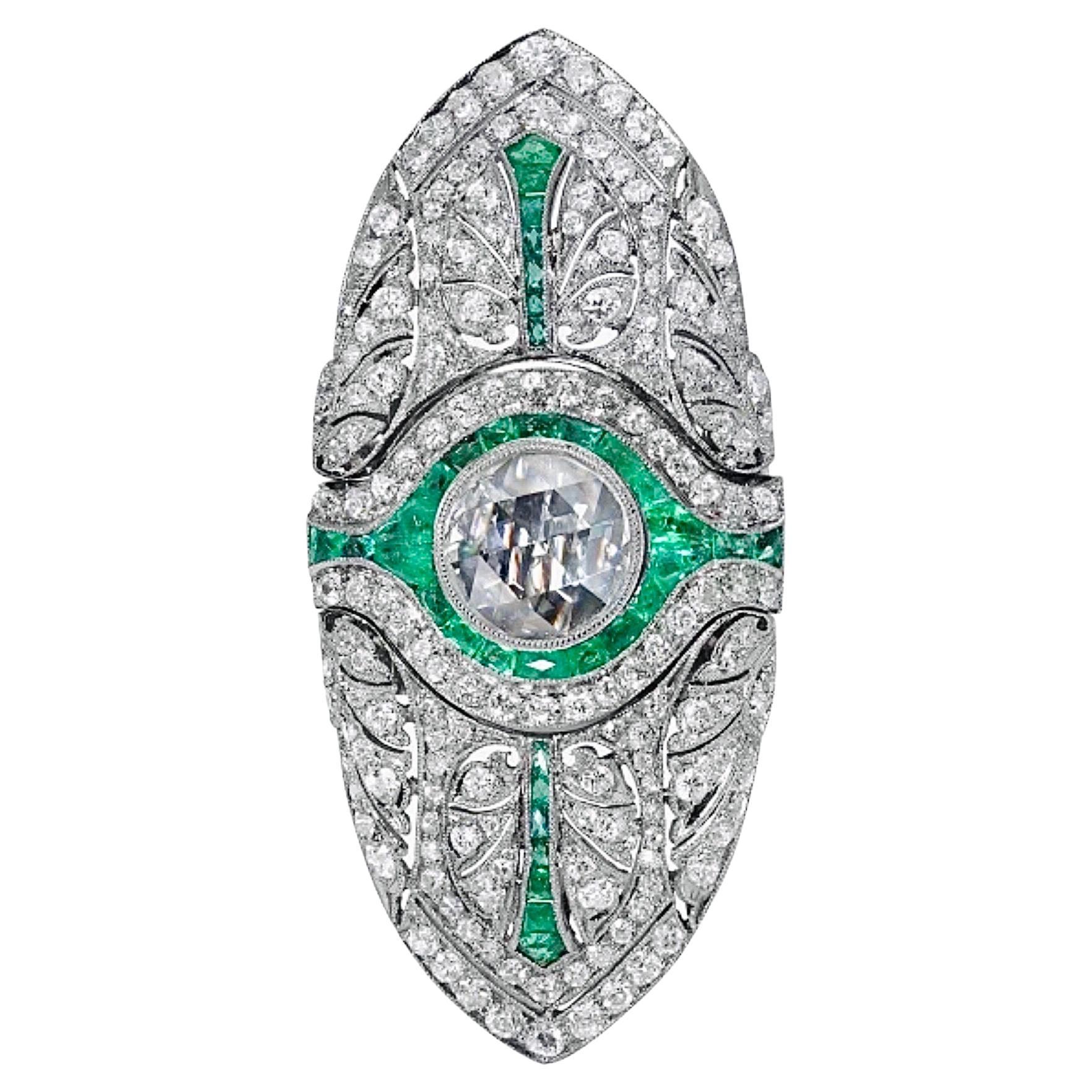GIA Art déco-Diamant- und Smaragd  Brosche Ring