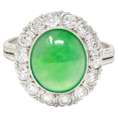 GIA Art Deco Diamond Natural Jade Cabochon Platinum Scrolling Vintage Halo Ring