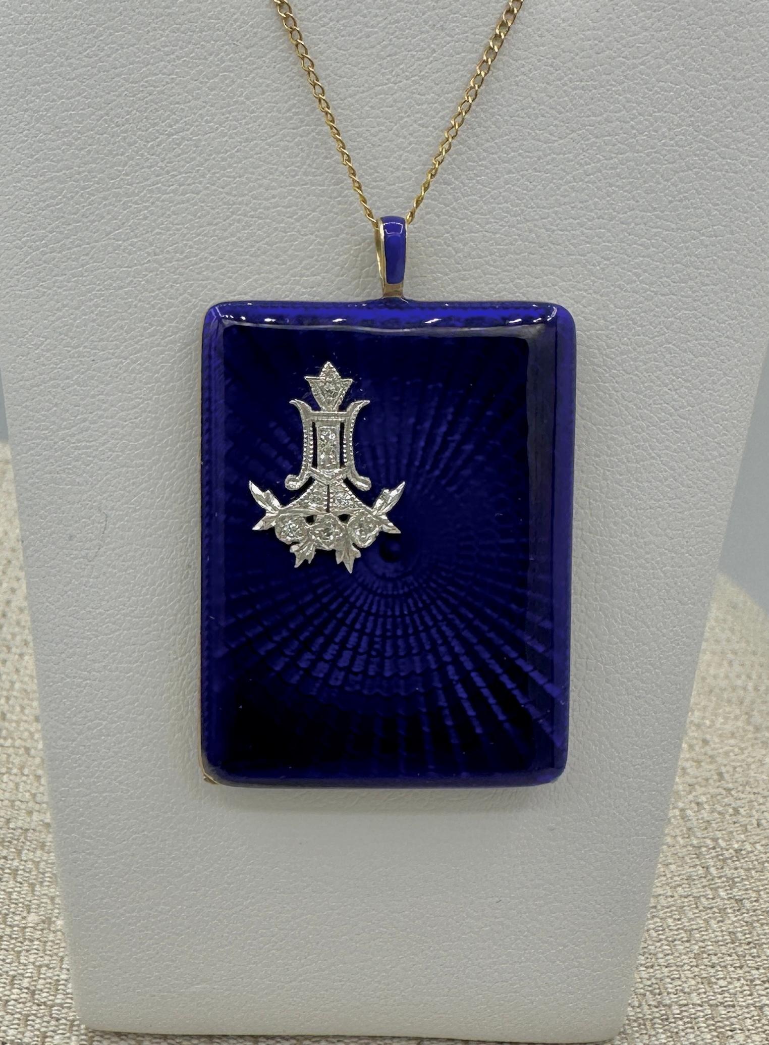 Round Cut GIA Art Deco Diamond Platinum Enamel Locket Pendant Blue Guilloche 14 Karat Gold For Sale