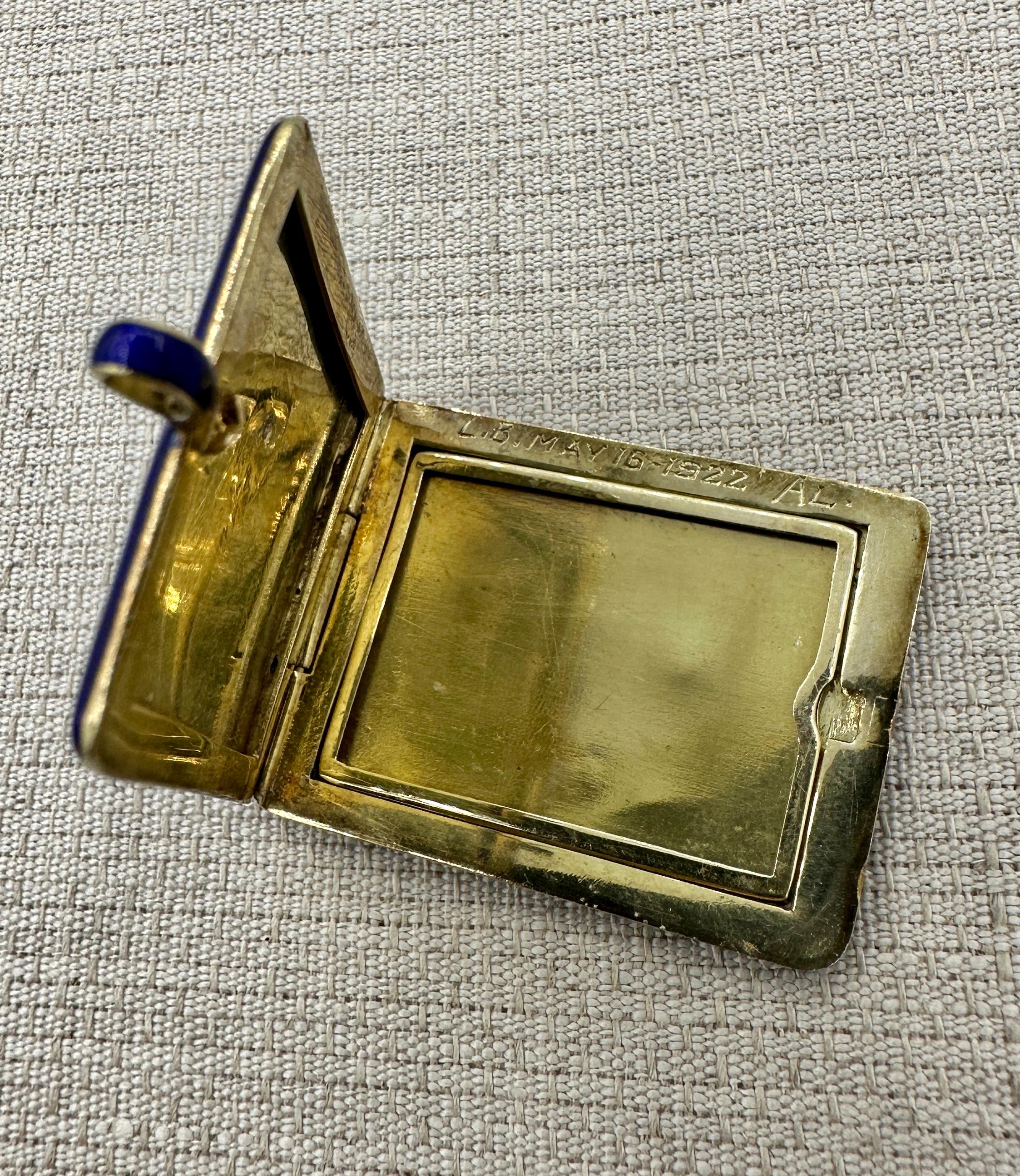 Women's or Men's GIA Art Deco Diamond Platinum Enamel Locket Pendant Blue Guilloche 14 Karat Gold For Sale