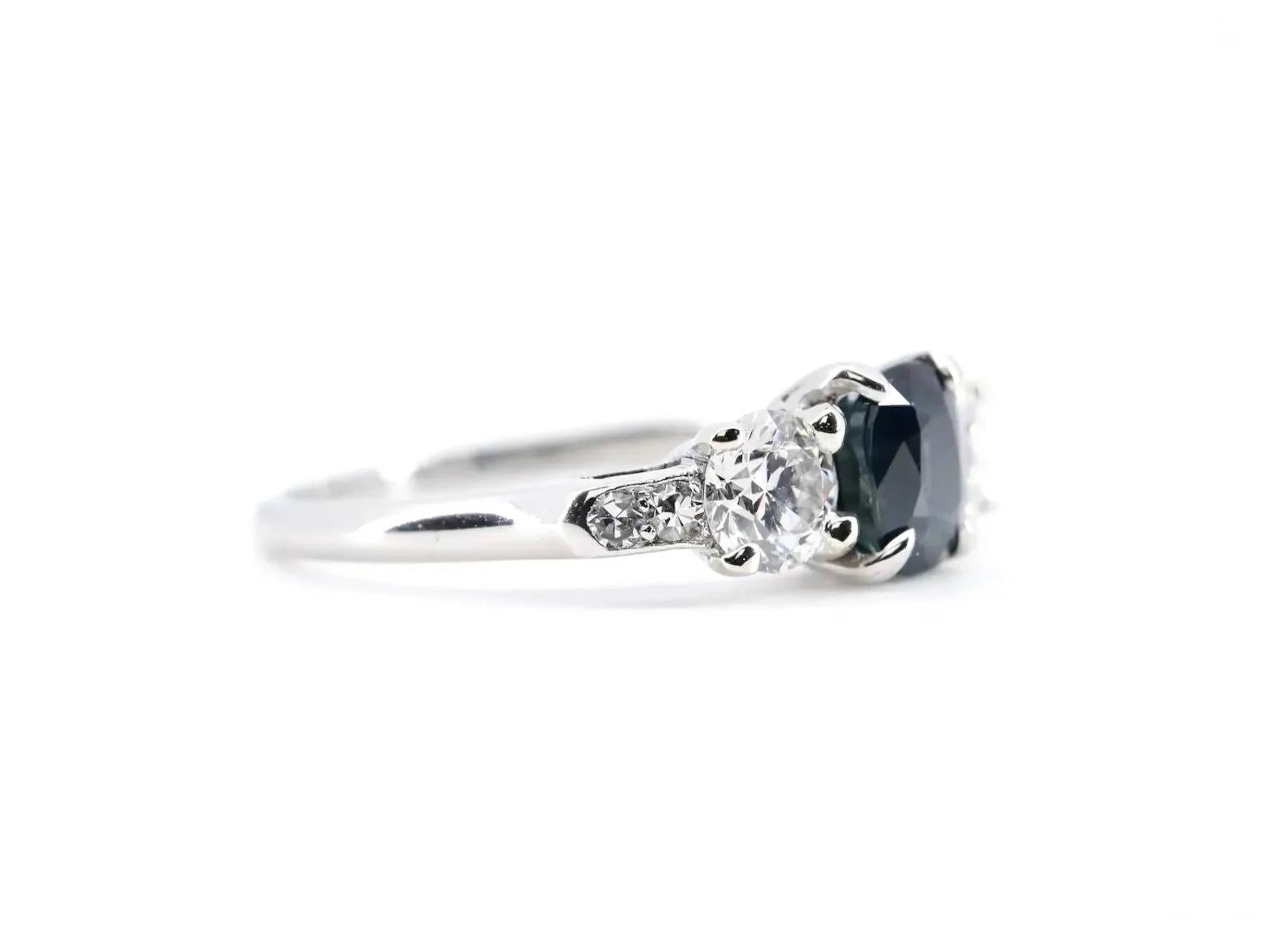 Oval Cut GIA Art Deco No Heat Sapphire & Diamond Three Stone Ring in Platinum 1.80ctw For Sale