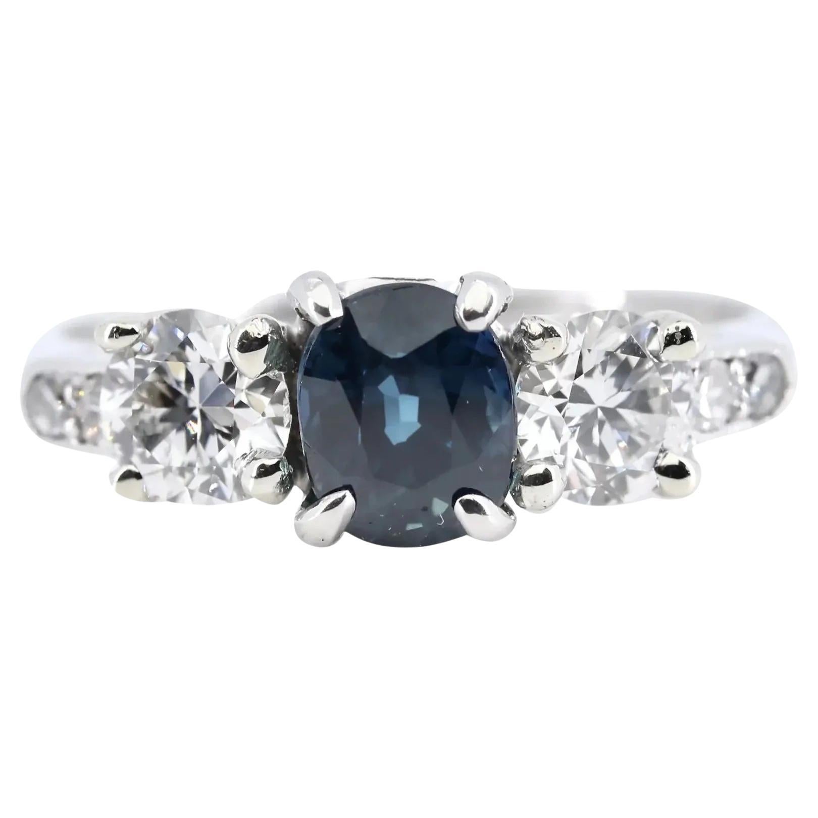 GIA Art Deco No Heat Sapphire & Diamond Three Stone Ring in Platinum 1.80ctw For Sale