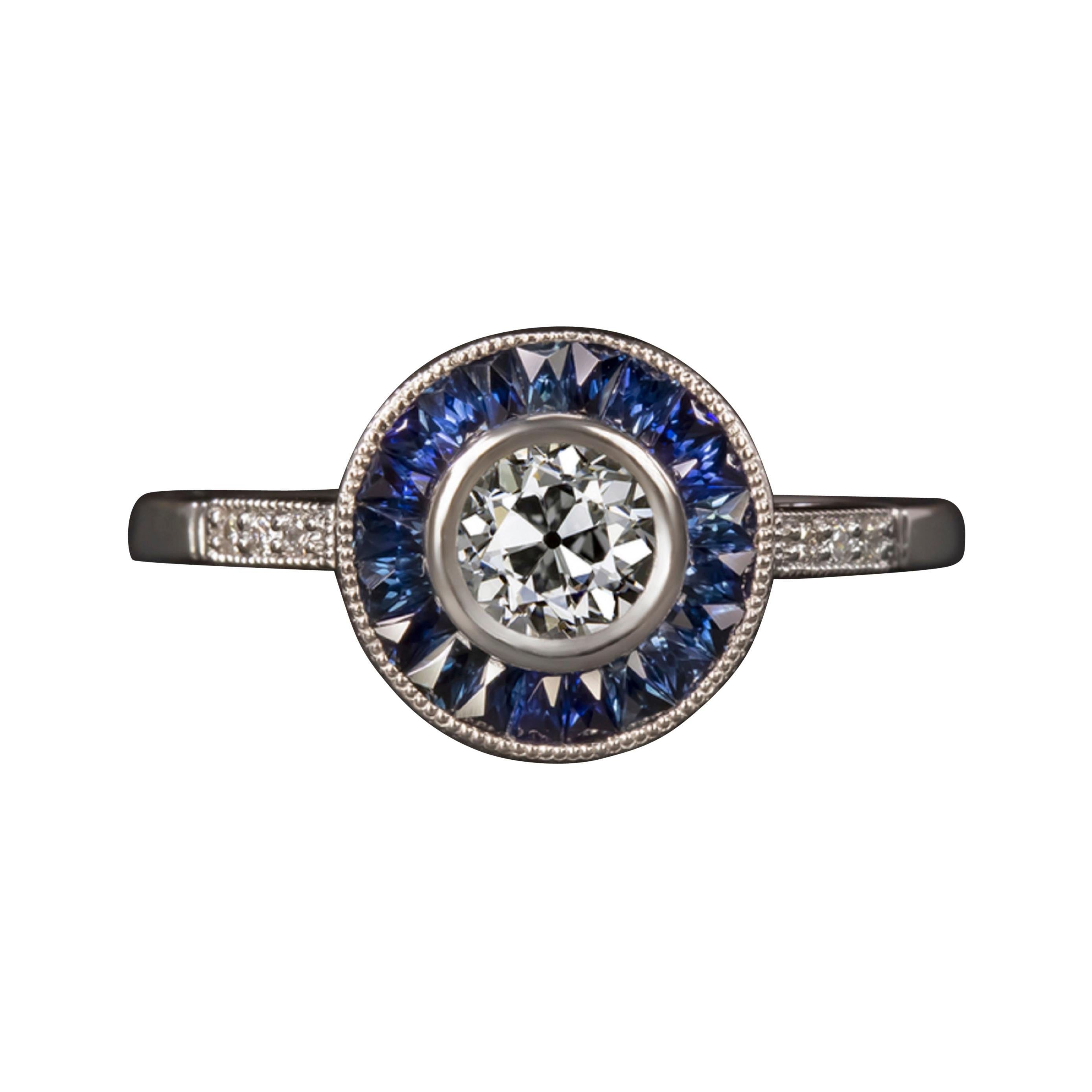 GIA Art Deco Old European Diamond and Blue Sapphire Halo Ring
