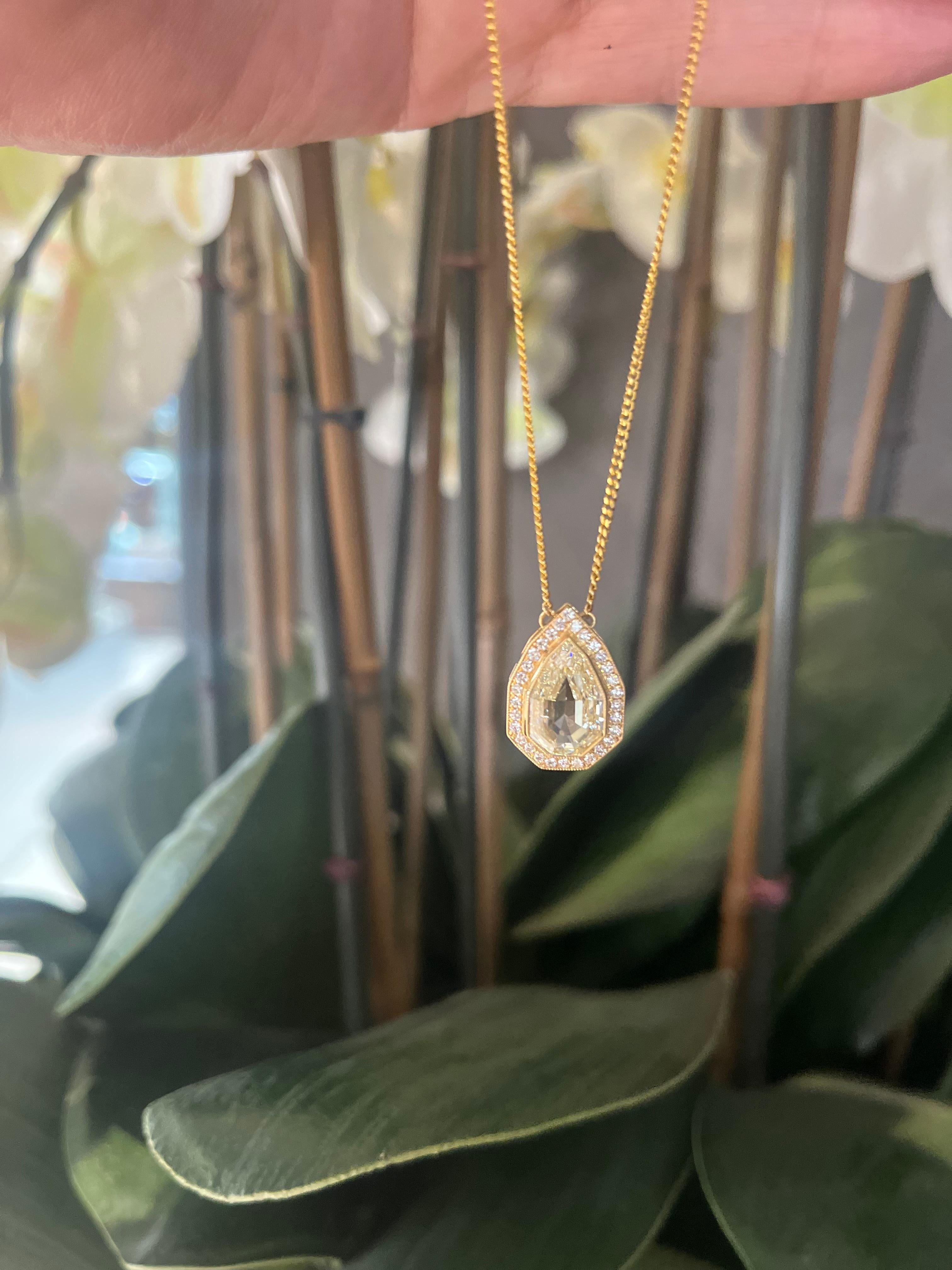 GIA Art Deco Style Fancy Yellow Pear Shaped Step Cut Diamond Pendant In New Condition For Sale In Miami, FL